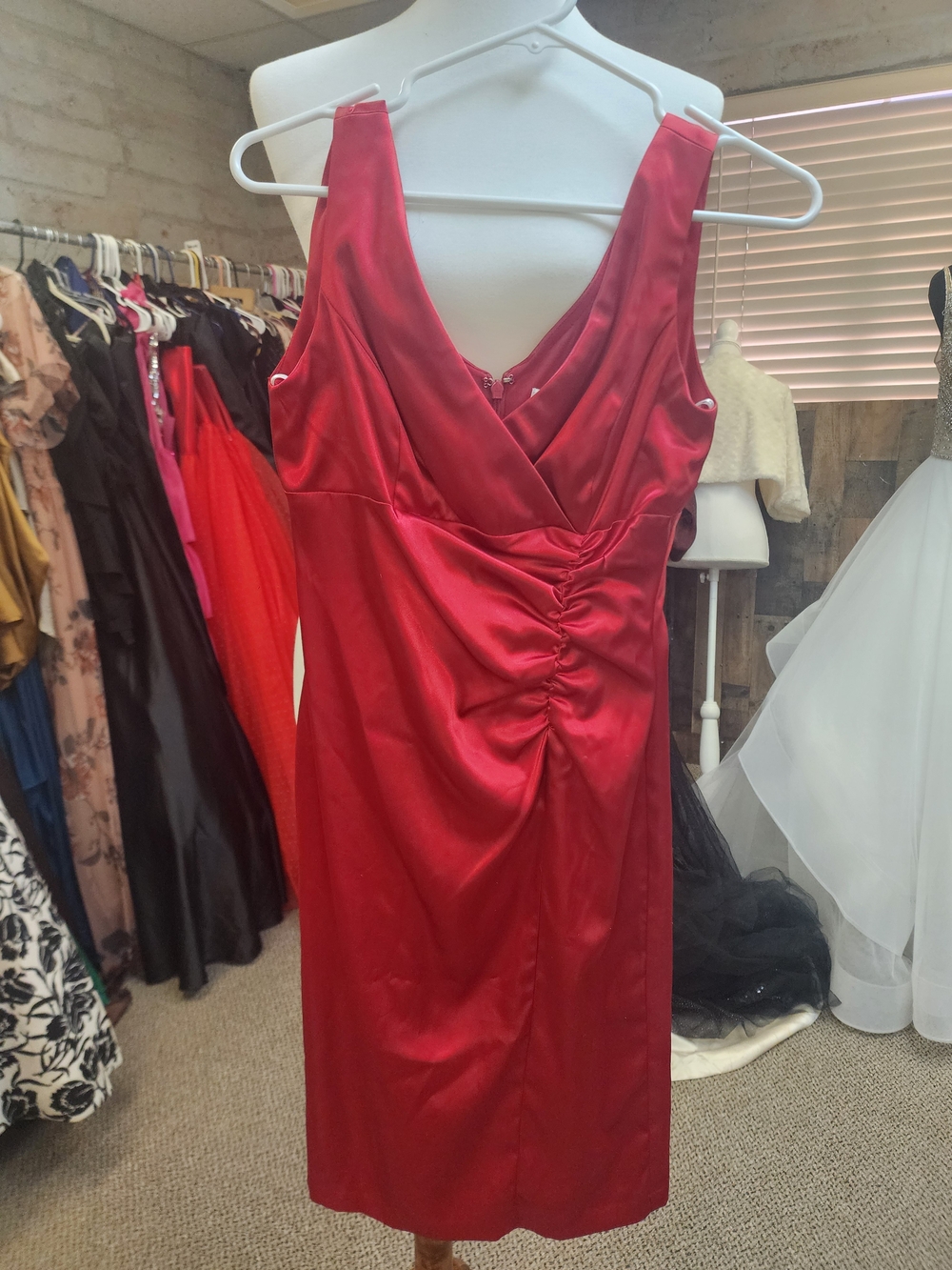 Blondie Nites Scarlet Satin V-Neck Ruched Midi Dress